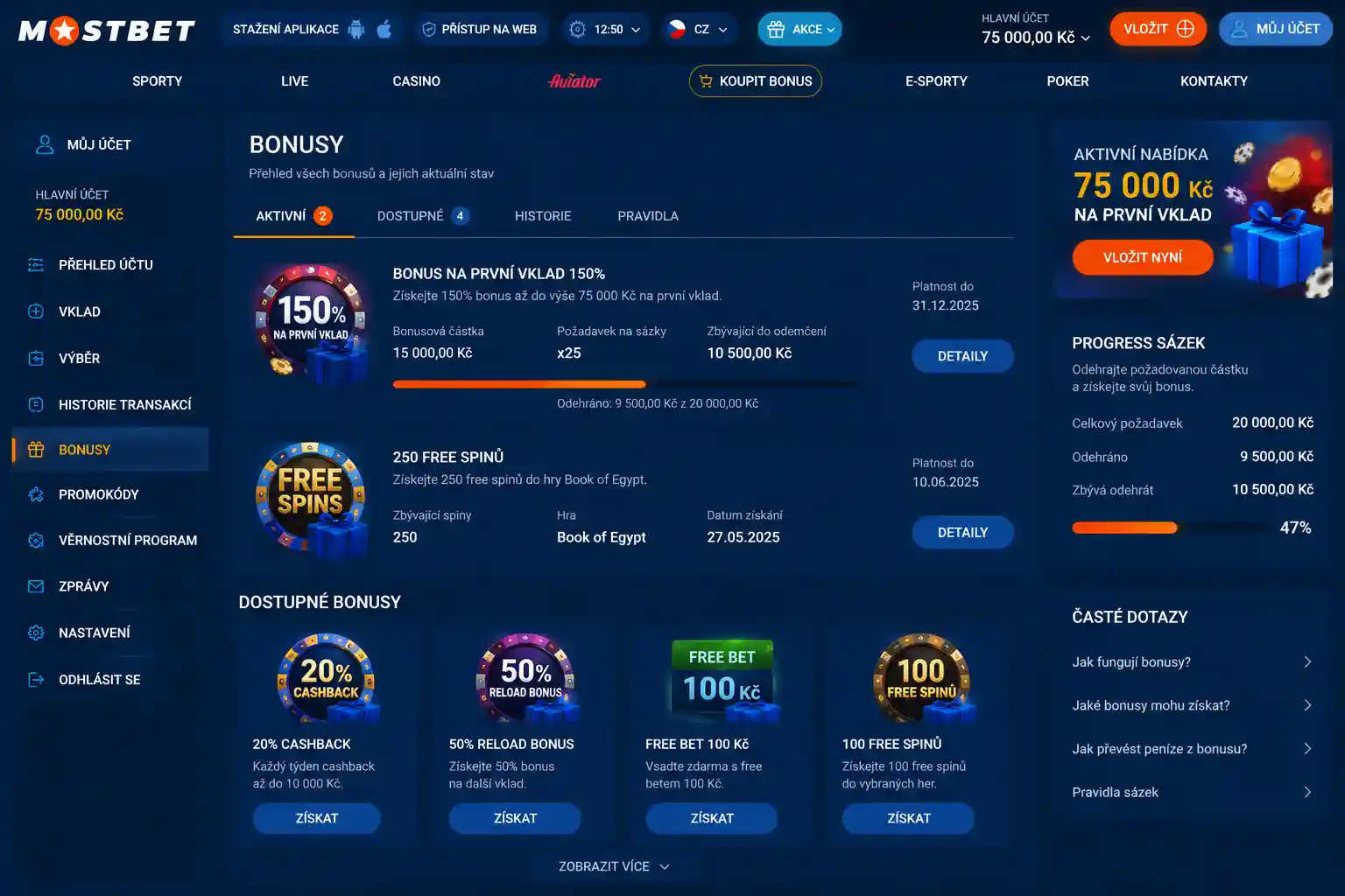 Přehled bonusové sekce v účtu Mostbet