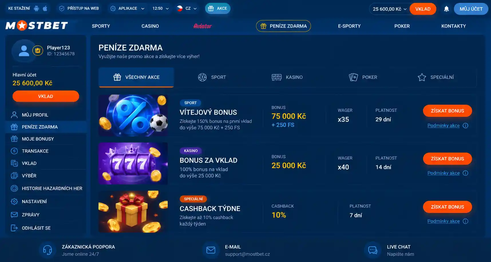 Sekce Peníze zdarma s aktivními promo akcemi Mostbet