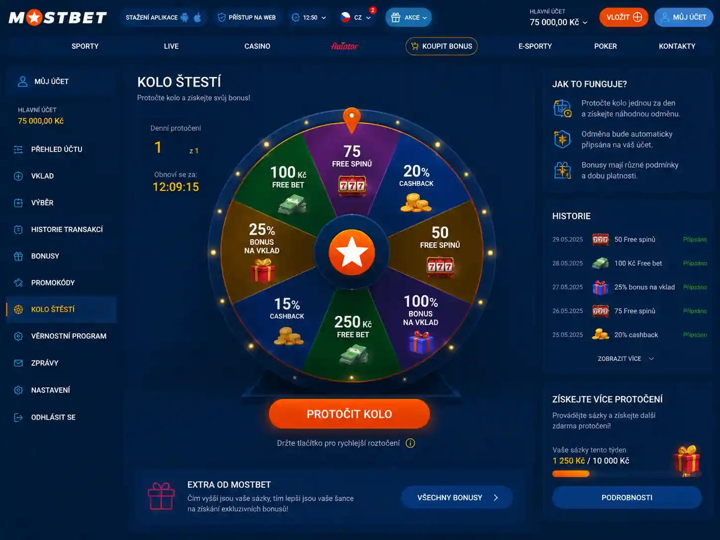 Interface Mostbet s otevřeným kolem štěstí a tlačítkem pro protočení