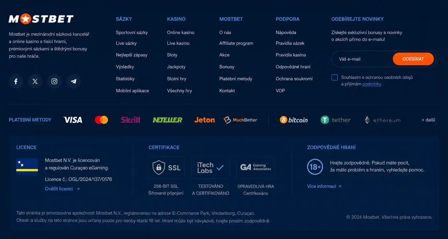 Licenční údaje a certifikace zobrazené v patičce webu Mostbet