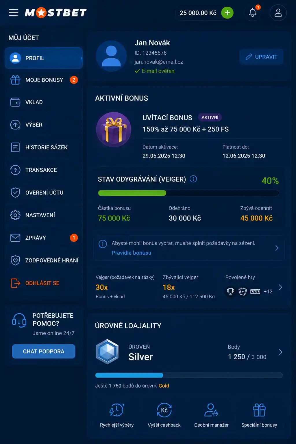 Sekce profilu hráče se stavem plnění sázkového požadavku